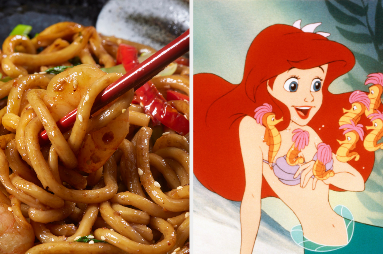 Dish of stir-fried noodles on the left; Ariel from The Little Mermaid smiling with a braid of sea creatures around her on the right