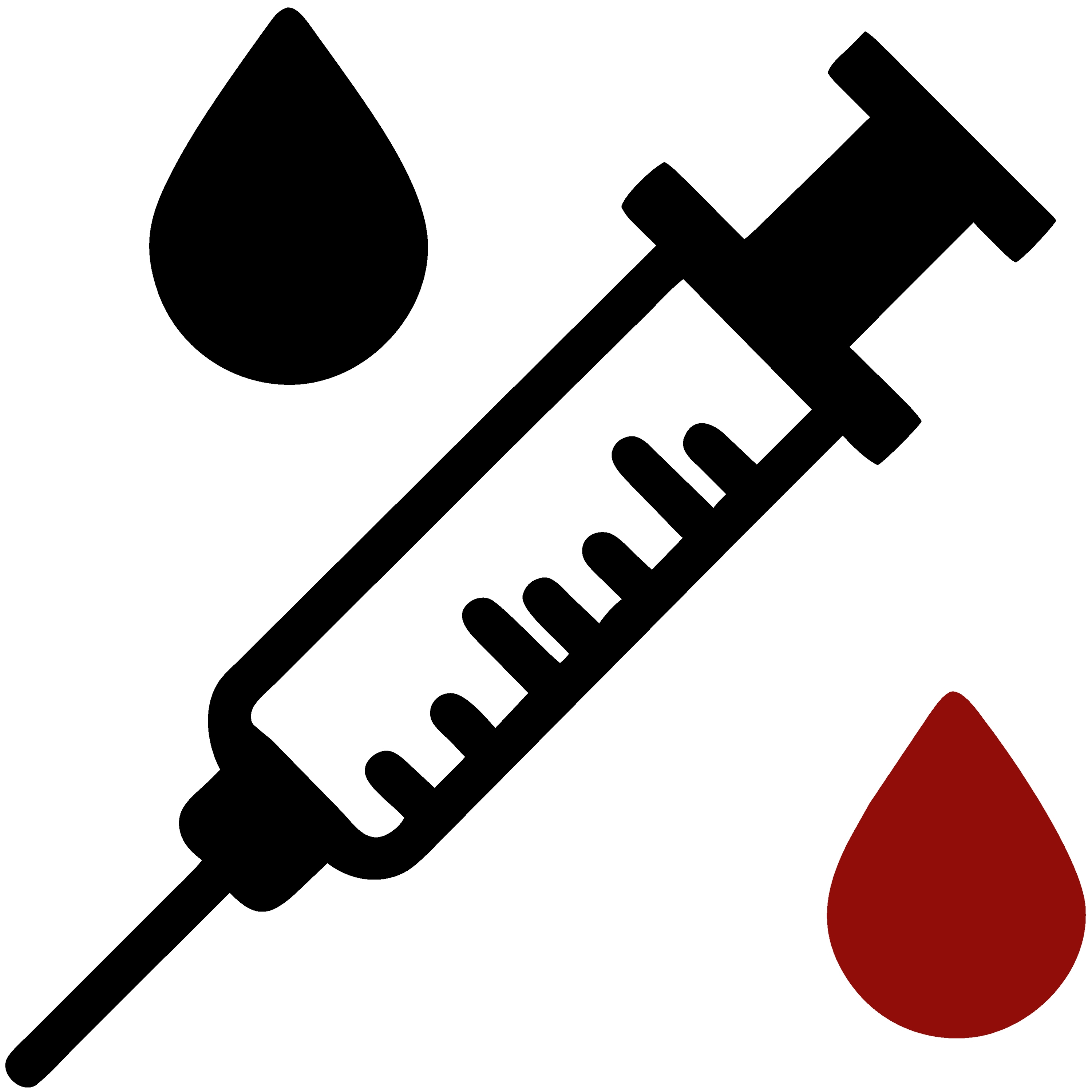 An illustration of a syringe with a black drop on the left and a red drop on the right