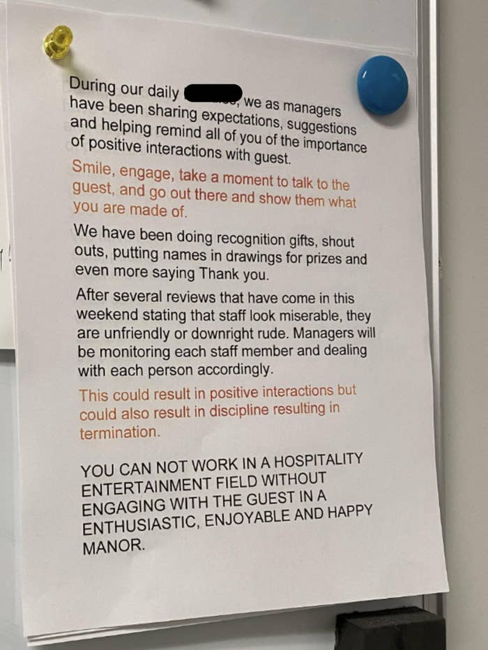 Summary of text: Managers emphasize positive interactions with guests, discussing going out, engaging, and positivity. Negative behavior is monitored and may lead to termination