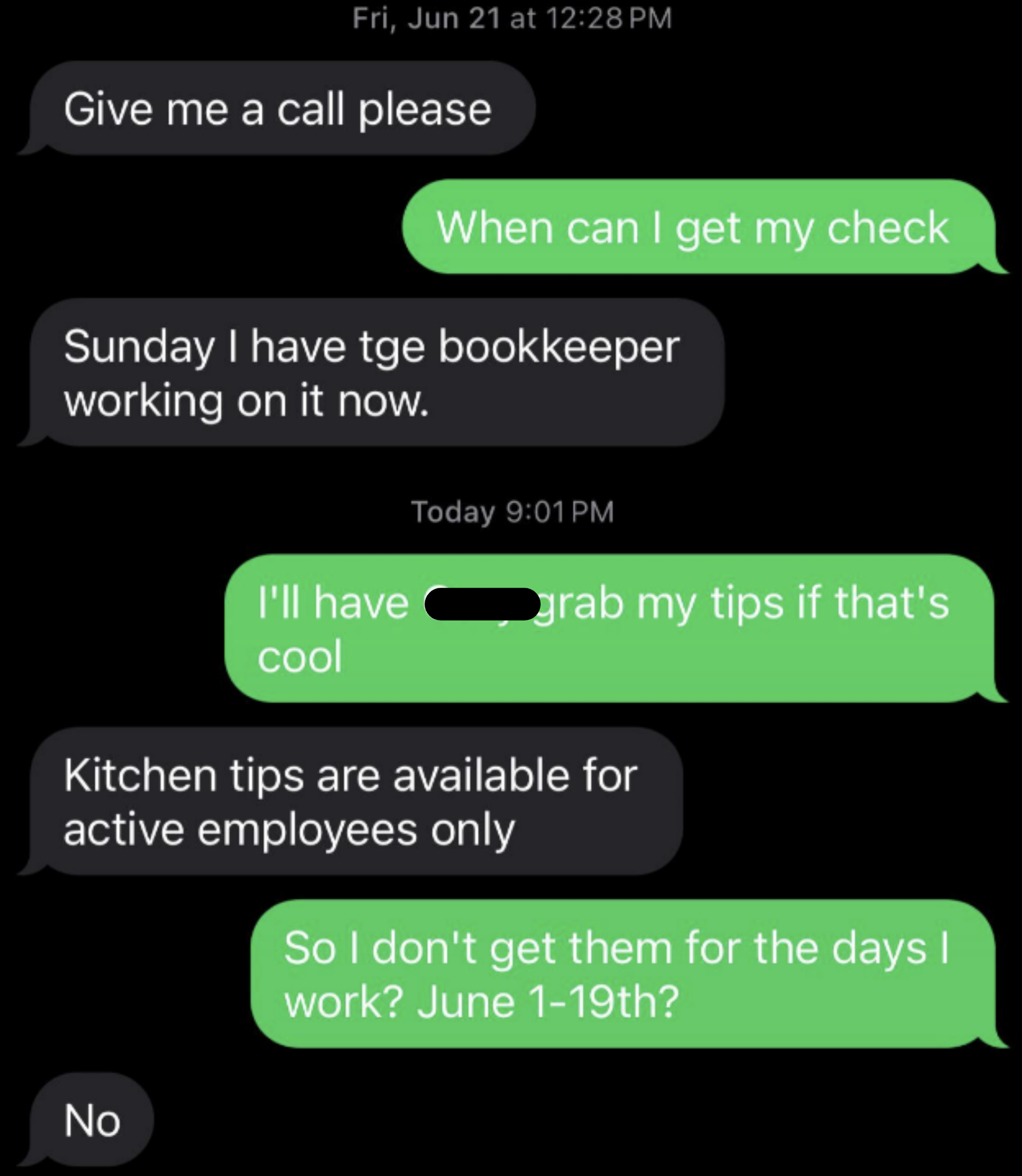 Text exchange discussing work and money matters, specifically about a check, tips, and eligibility for kitchen tips for active employees within a specific time period