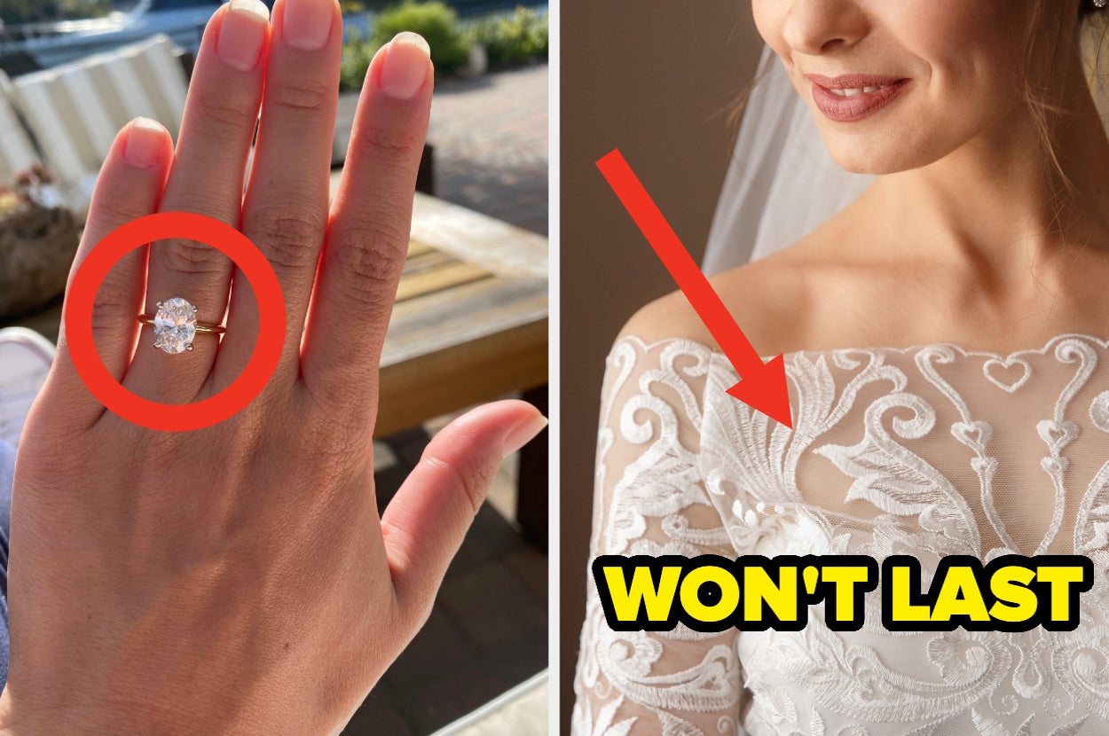Hand with a diamond ring next to a woman in a wedding dress with lace detail with the text "won't last"