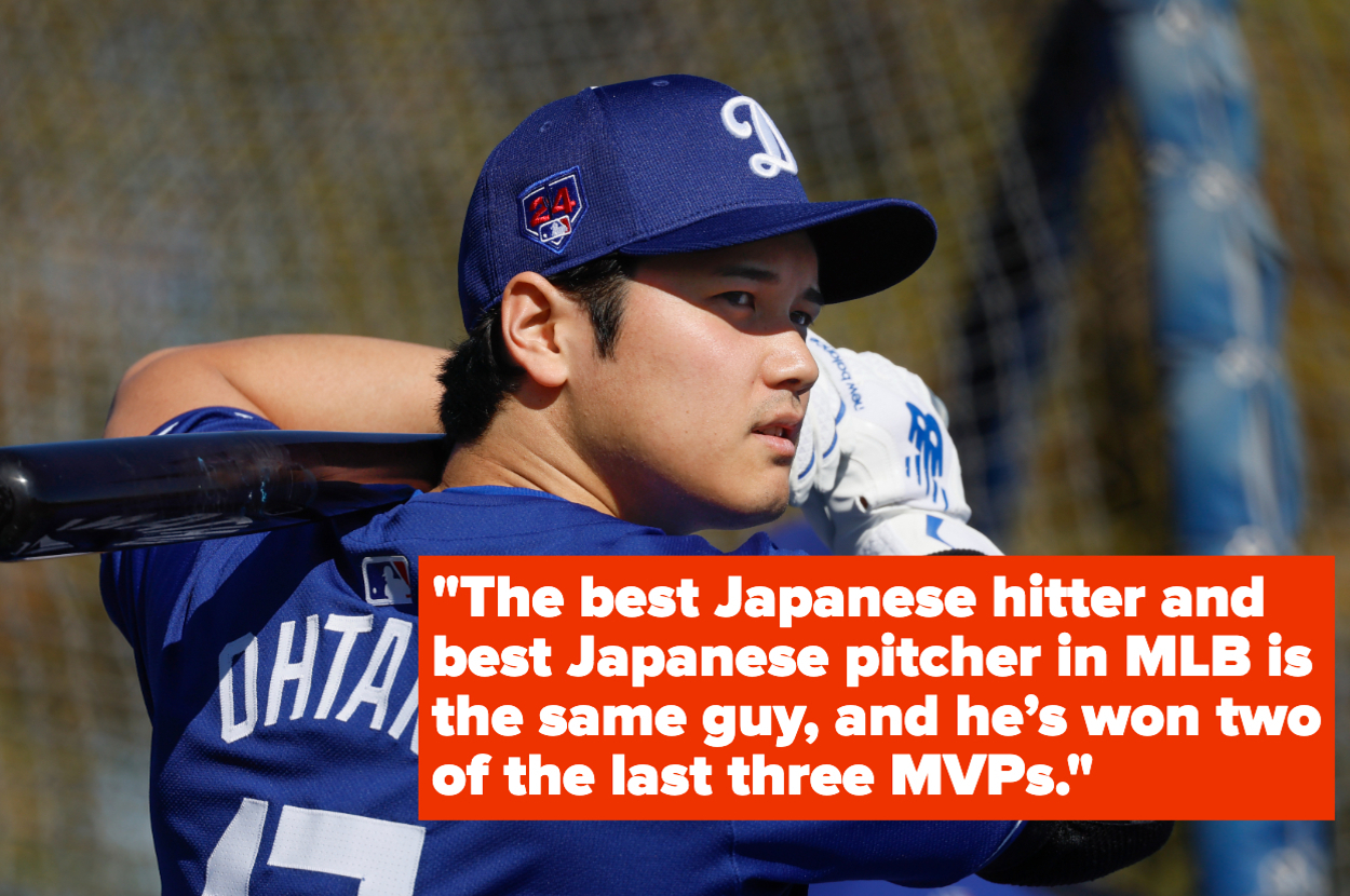 Shohei Ohtani in a baseball uniform holds a bat, with a quote about his achievements as both a hitter and pitcher in the MLB