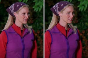 Lisa Kudrow wearing a headscarf and a vest, standing outdoors. Her hair is down, and she is looking to the side