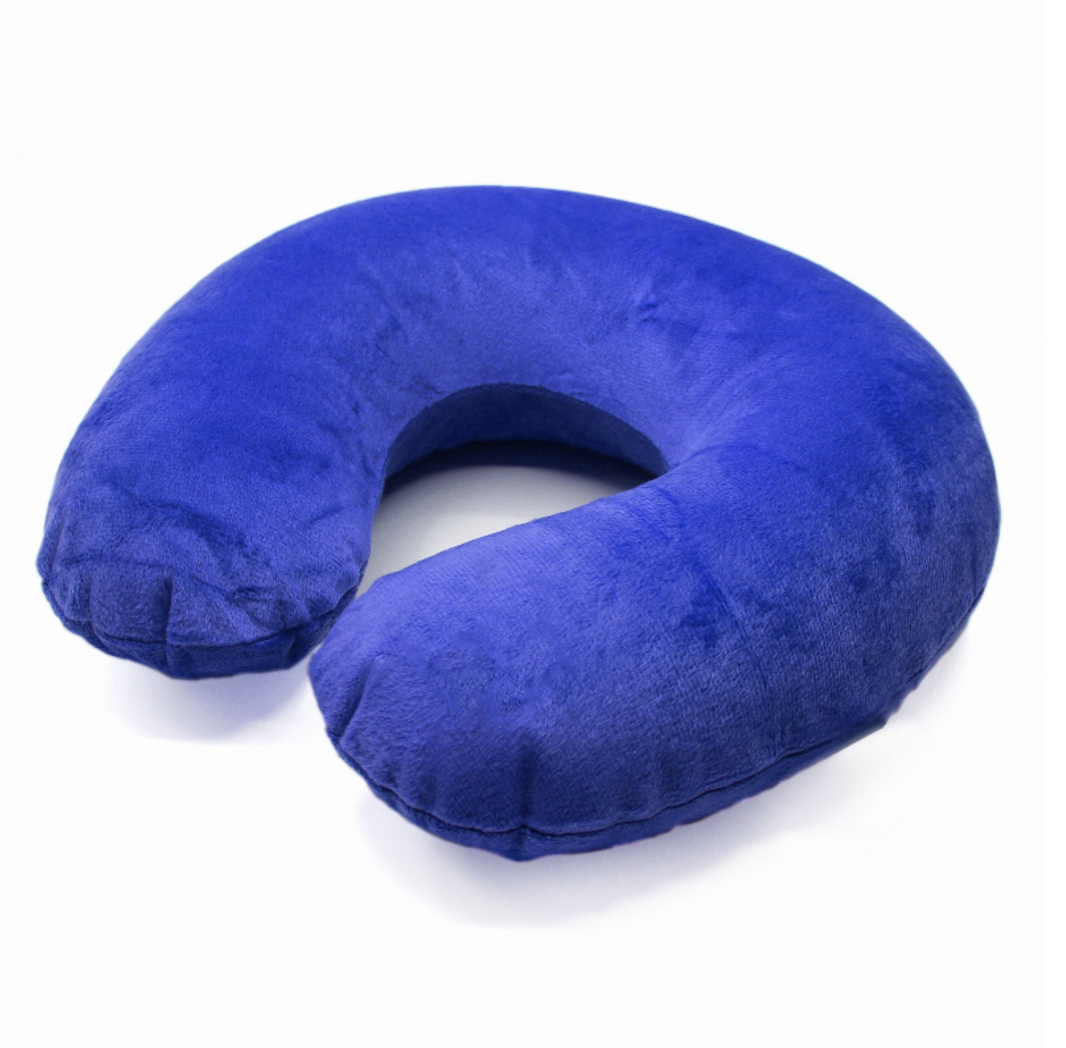 A blue inflatable neck pillow for travel