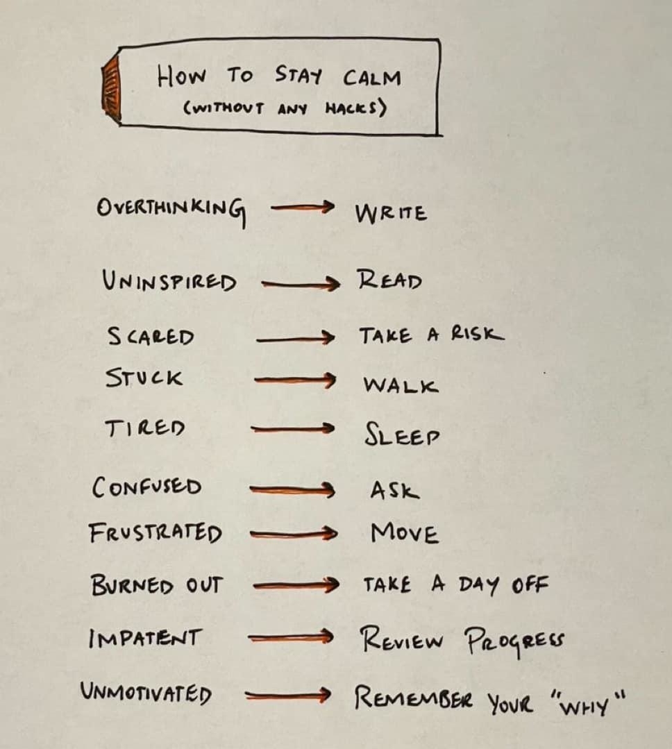Summary of text: Tips for staying calm: Write, read, take a risk, walk, sleep, ask, move, take a day off, review progress, and remember your "why."