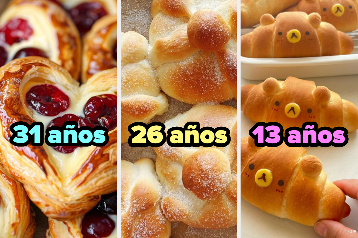 Pastry con crema y cerezas con el texto "31 años," pan dulce "26 años," y pan en forma de osito "13 años."