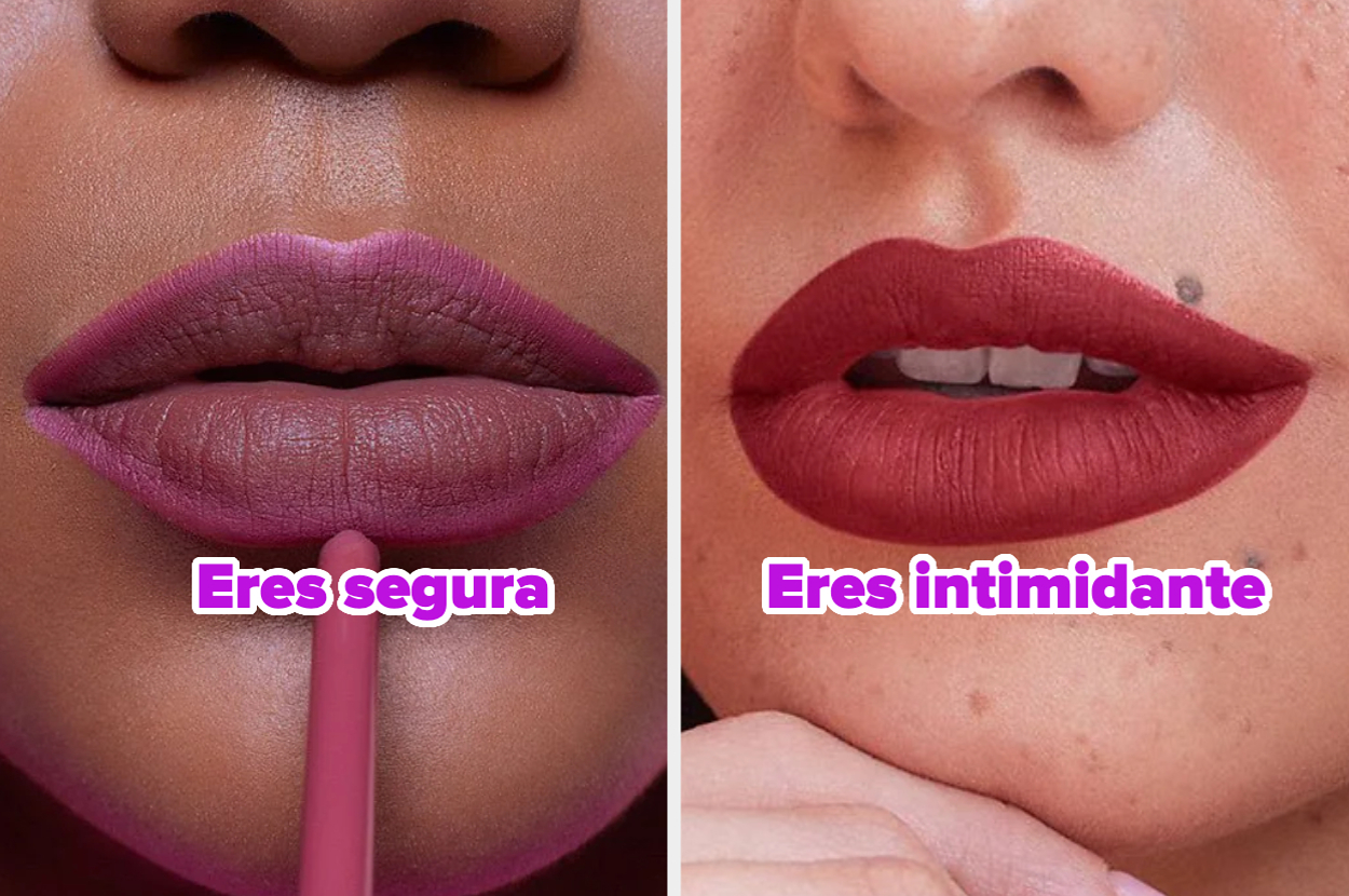 Primer plano de dos pares de labios con diferentes colores de lápiz labial. Texto: "Eres segura" y "Eres intimidante"
