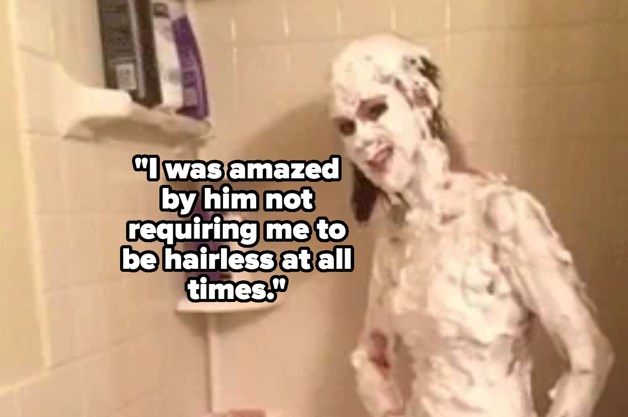 A woman covered in shaving cream in a bathroom, caption: I was amazed by him not requiring me to be hairless at all times