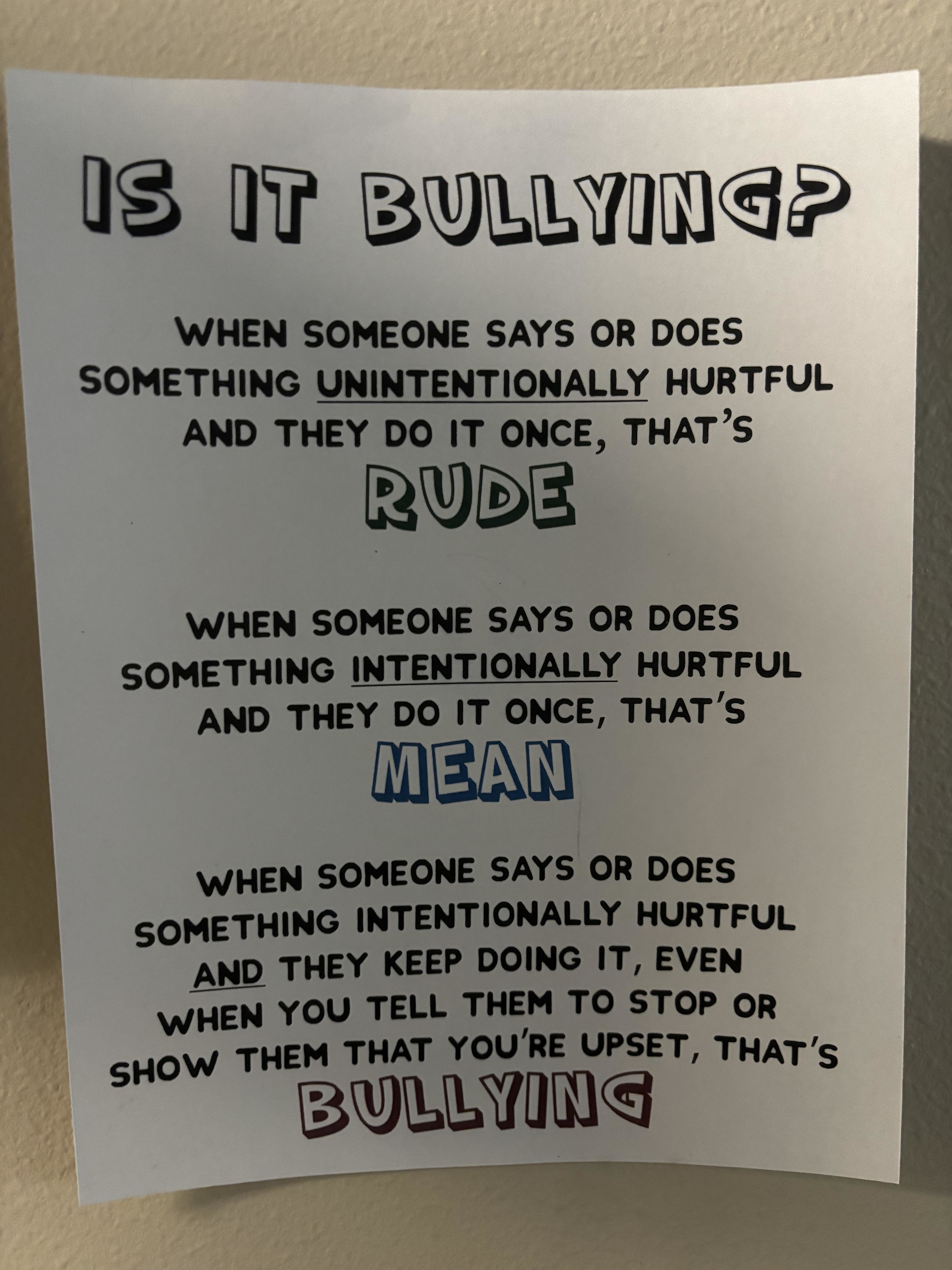 A sign explaining bullying: Unintentional hurtful actions are rude; intentional hurtful actions once are mean; repeated intentional hurtful actions are bullying
