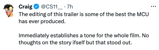 Craig @CS11__ tweets about the exceptional editing of a Marvel Cinematic Universe trailer, noting its impactful tone