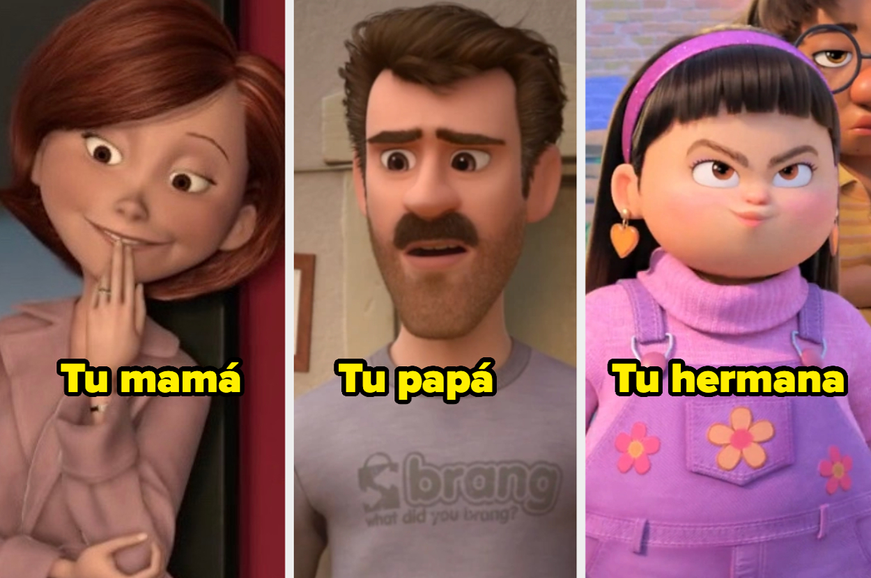 De izquierda a derecha: Violeta de "Los Increíbles", Gil de "Inside Out", y Abby de "Turning Red" con textos "Tu mamá", "Tu papá" y "Tu hermana"
