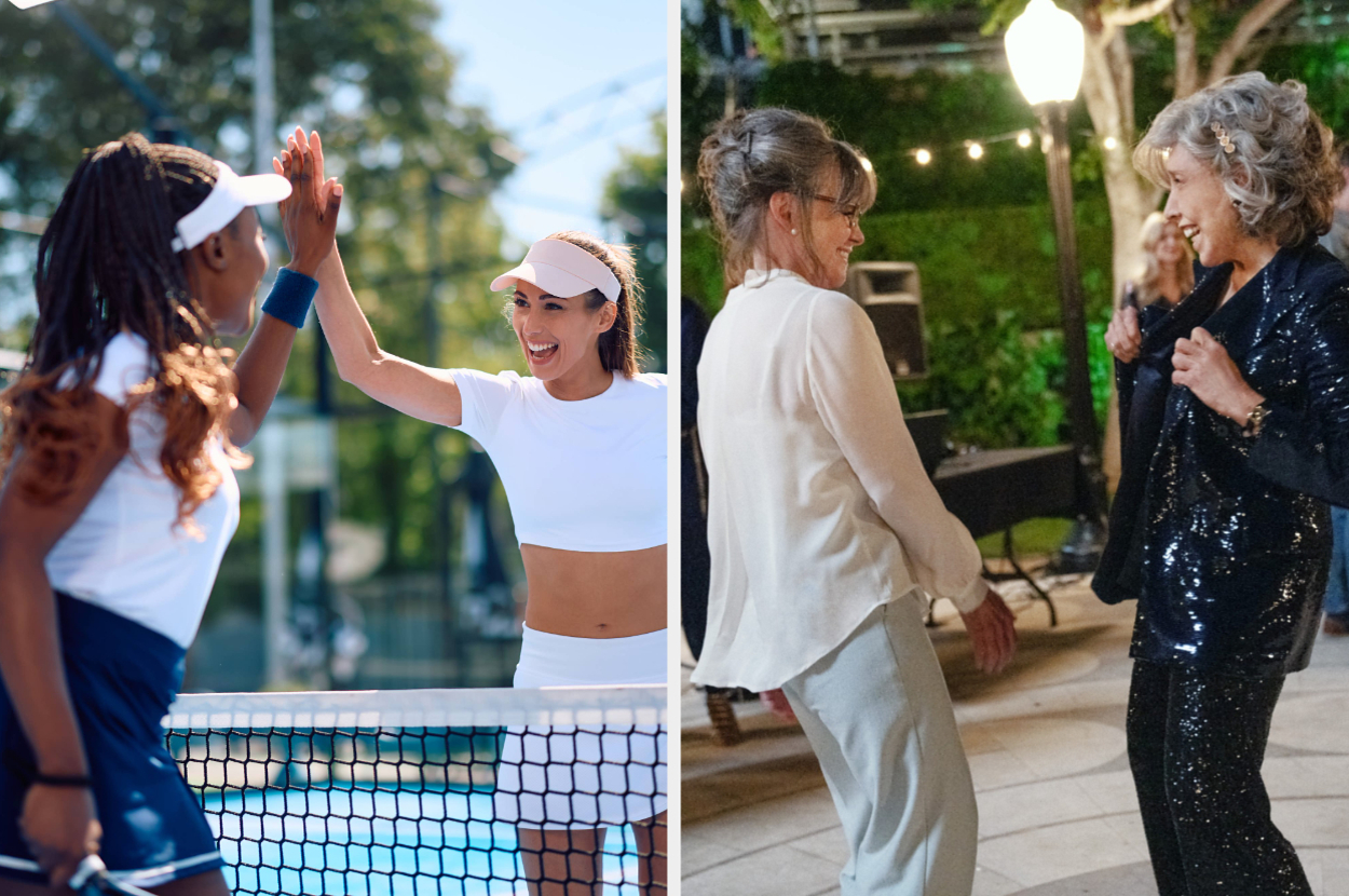 On the left, two women high-five over a tennis net; on the right, two older women, one in a sequined jacket, enjoy dancing outdoors at night
