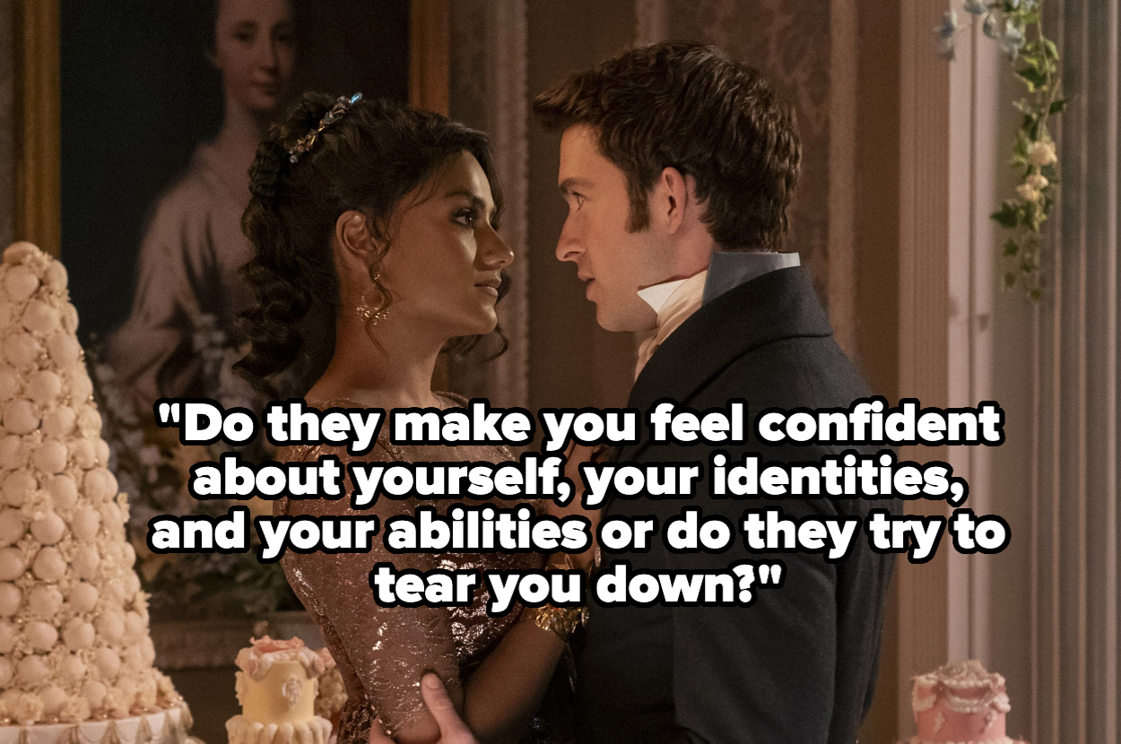 Kate Sharma and Anthony Bridgerton share an intense gaze at a ball, with a large ornate cake nearby. Text reads: "Do they make you feel confident about yourself, your identities, and your abilities or do they try to tear you down?"