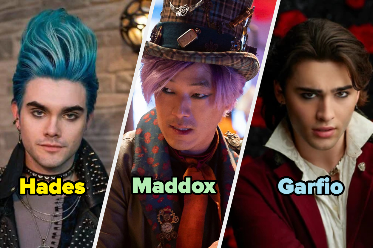 Hades, Maddox y Garfio de la serie de Disney "Los Descendientes" en un collage de retratos. Hades tiene cabello alto, Maddox lleva un sombrero de copa, y Garfio viste elegante