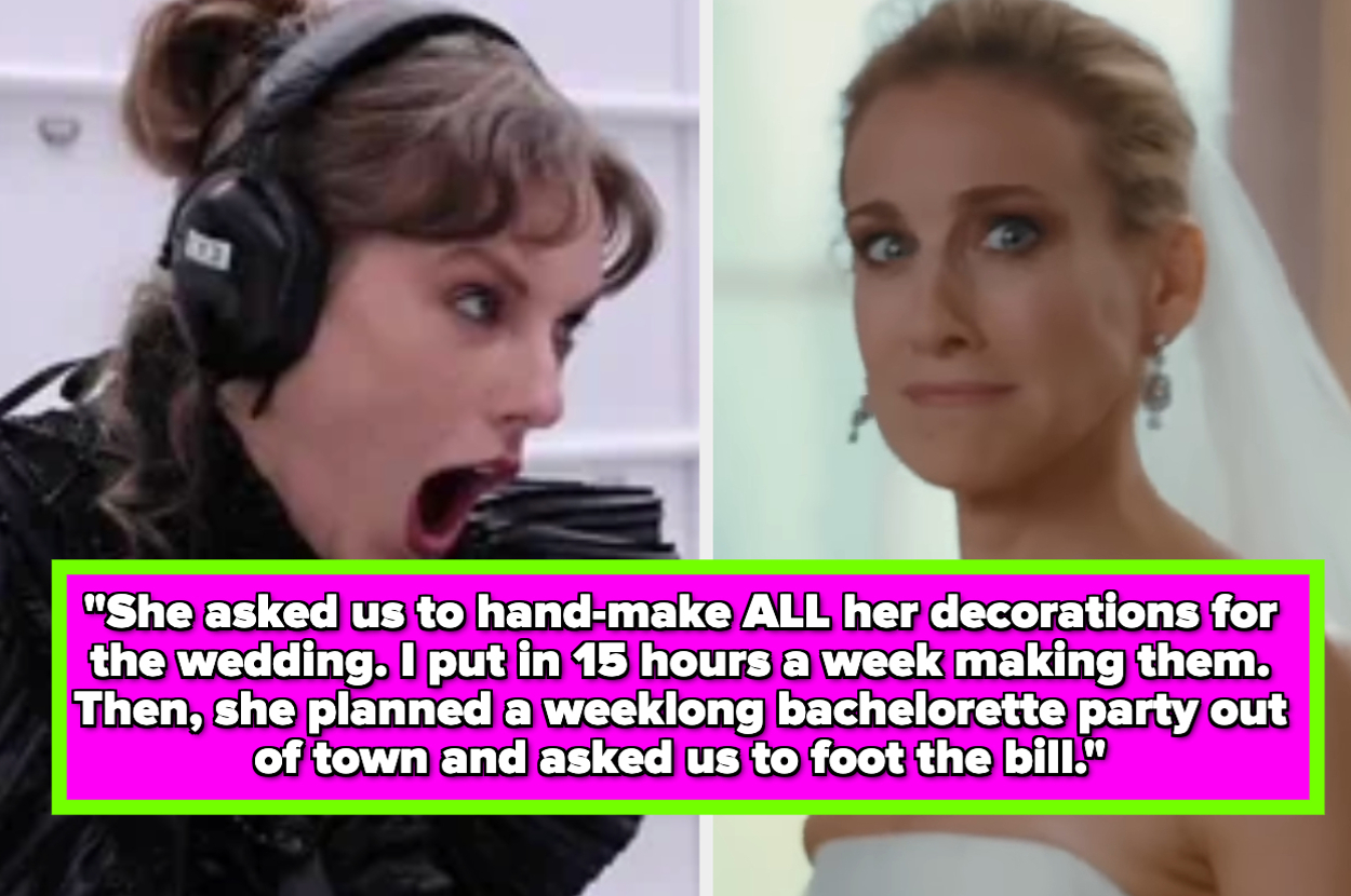 Taylor Swift recording in a studio next to an image of a bride, caption reads: "She asked us to hand-make ALL her decorations for the wedding... and asked us to foot the bill."