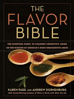 Cover of "The Flavor Bible" by Karen Page and Andrew Dornenburg featuring wooden spoons with different spices and herbs
