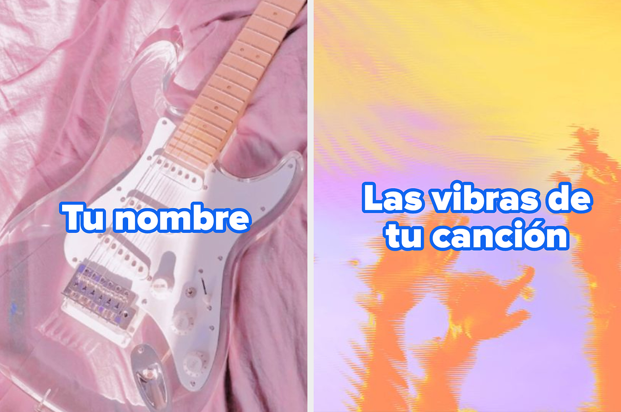 Guitarra eléctrica sobre tela, con CD en el centro y texto que dice: "Tu nombre - Las vibras de tu canción"