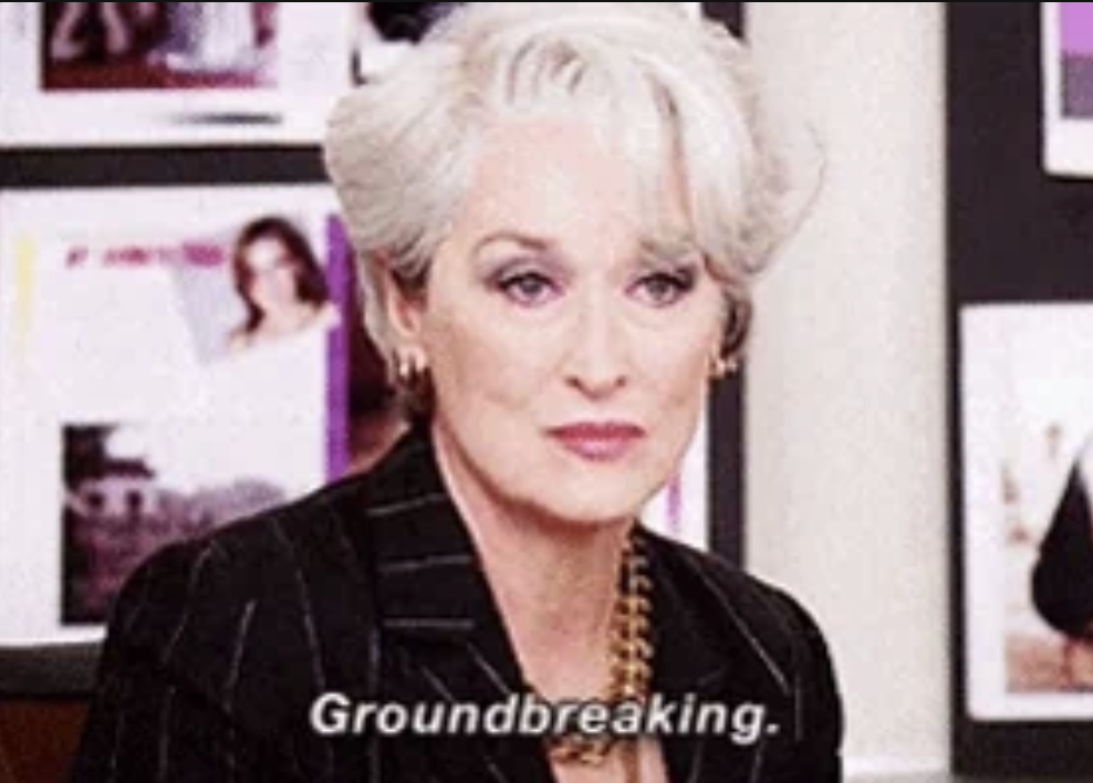 Meryl Streep, wearing a pinstripe suit, captioned with Groundbreaking