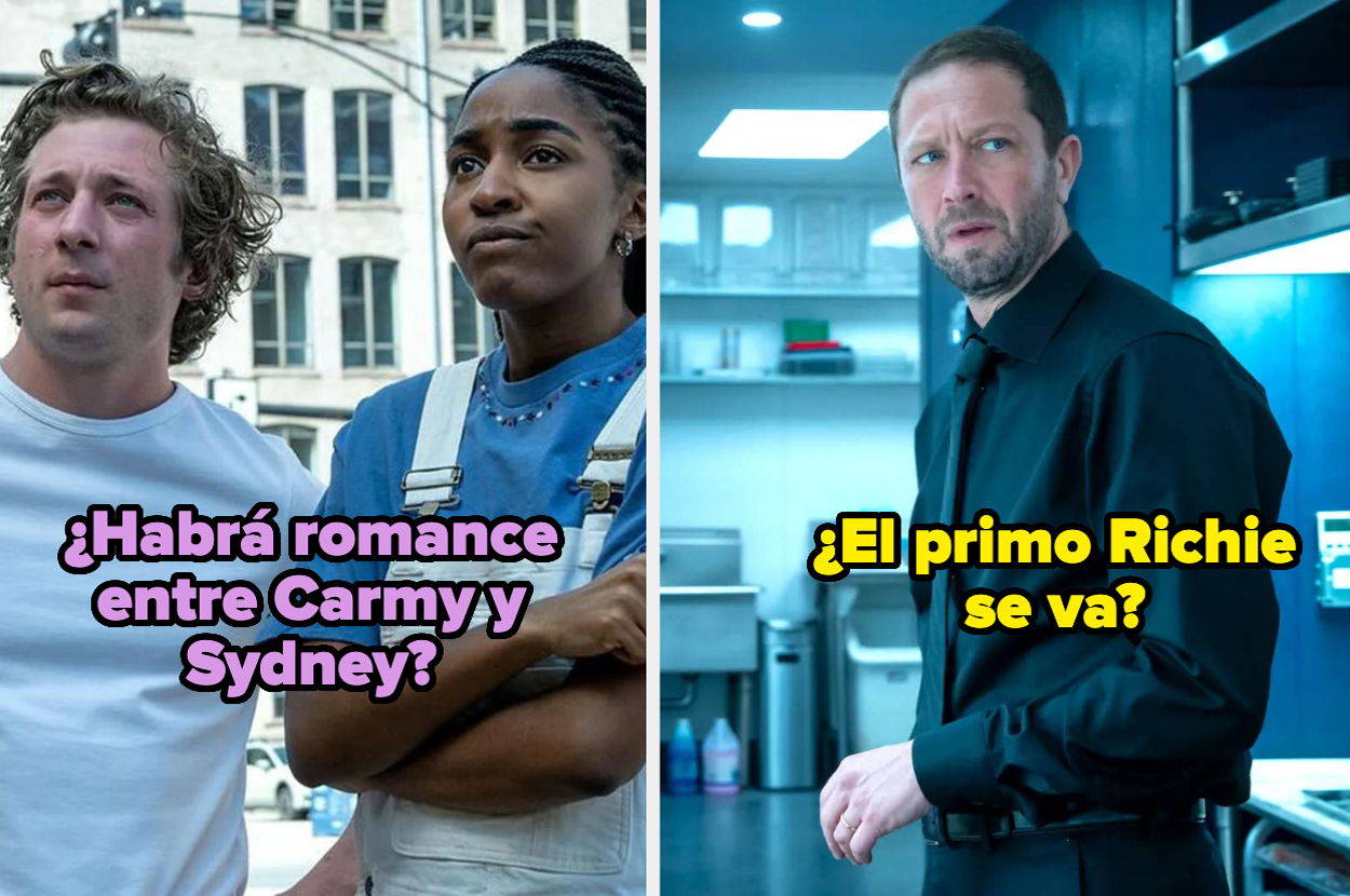 Jeremy Allen White y Ayo Edebiri miran hacia arriba. Texto: "¿Habrá romance entre Carmy y Sydney?" Richie se ve preocupado en una cocina. Texto: "¿El primo Richie se va?"