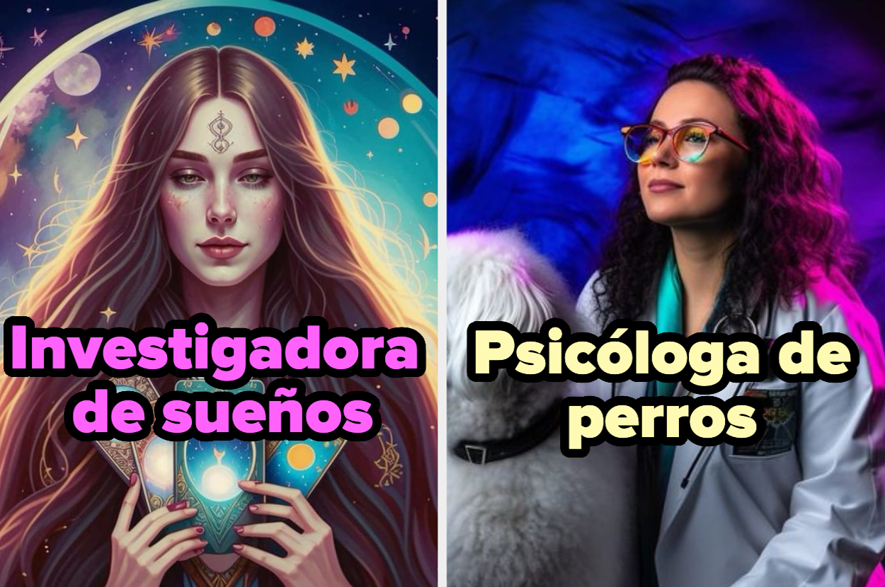 A la izquierda, una ilustración de una mujer como investigadora de sueños. A la derecha, una mujer con bata blanca como psicóloga de perros, con un perro a su lado
