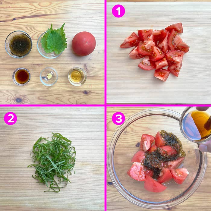 トマトと調味料を使った料理手順。1. 切ったトマト、2. 刻んだシソ、3. トマトに調味料を加える。