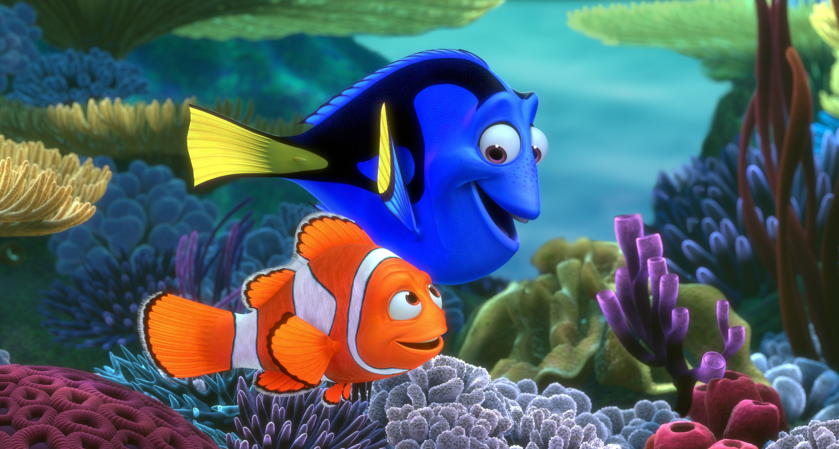 Dory and Marlin swim together across a vibrant coral reef in a scene from "Finding Nemo"