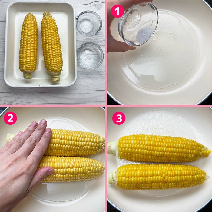 トウモロコシを茹でる手順の説明。