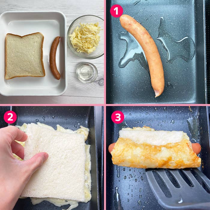 食パン、ソーセージ、チーズを使った調理手順。ソーセージを焼き、チーズを乗せ、パンで巻き上げます。