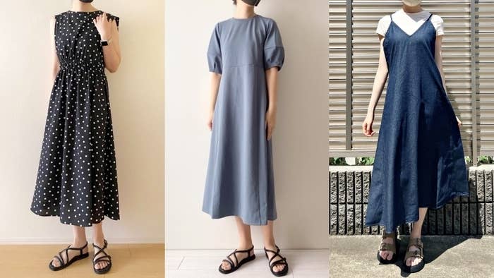 GUのおすすめアイテム「ドットプリントワンピース(ノースリーブ)Z」「ランタンスリーブワンピース(5分袖)Z+E」「ライトデニムフレアキャミソールワンピース」