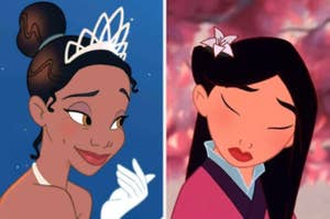 Tiana from "The Princess and the Frog" wearing a tiara, next to Mulan from "Mulan" with a flower in her hair, both depicted in their classic animated styles
