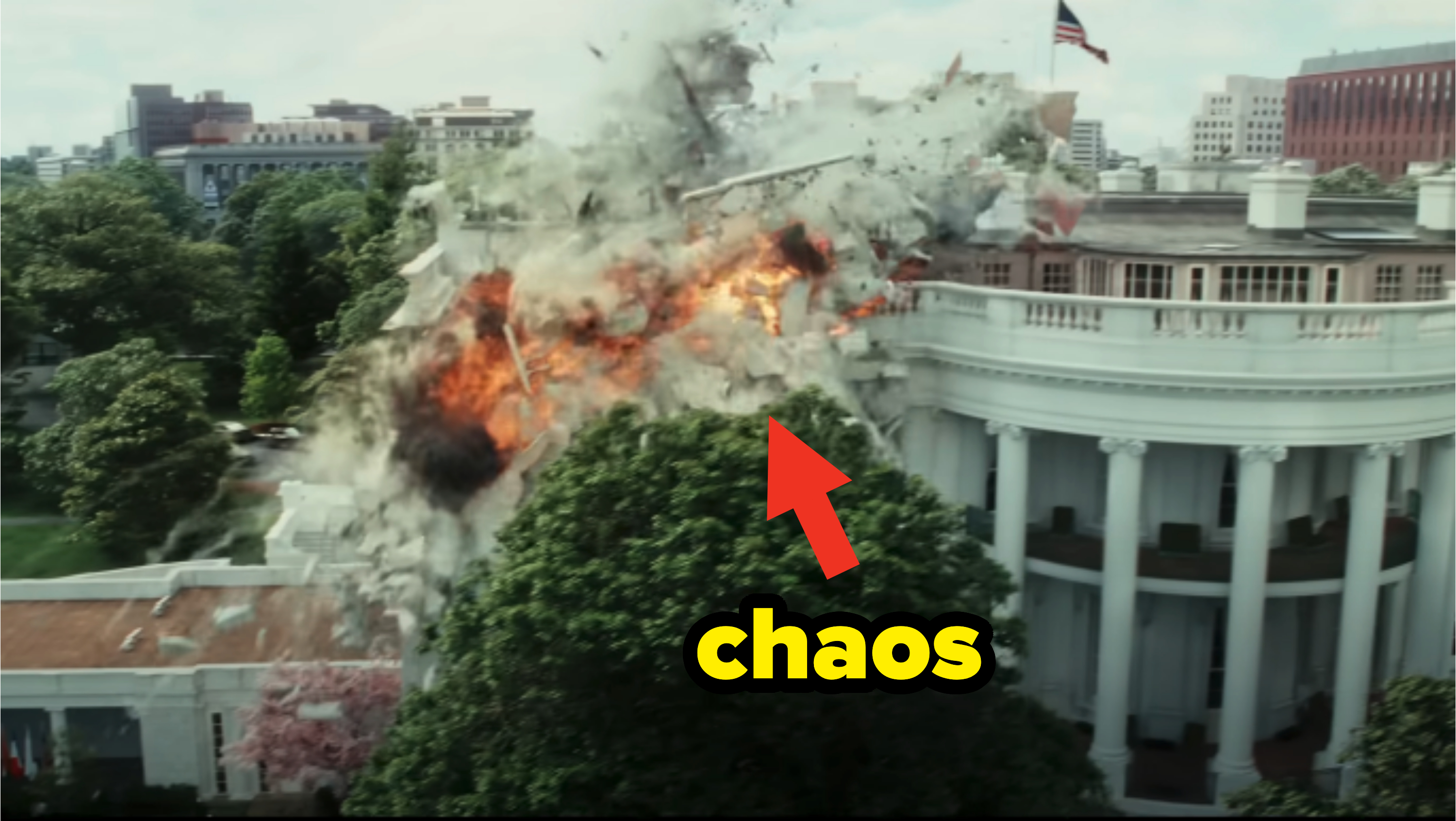 A large explosion engulfs part of the White House, causing destruction and debris while a U.S. flag waves atop the building