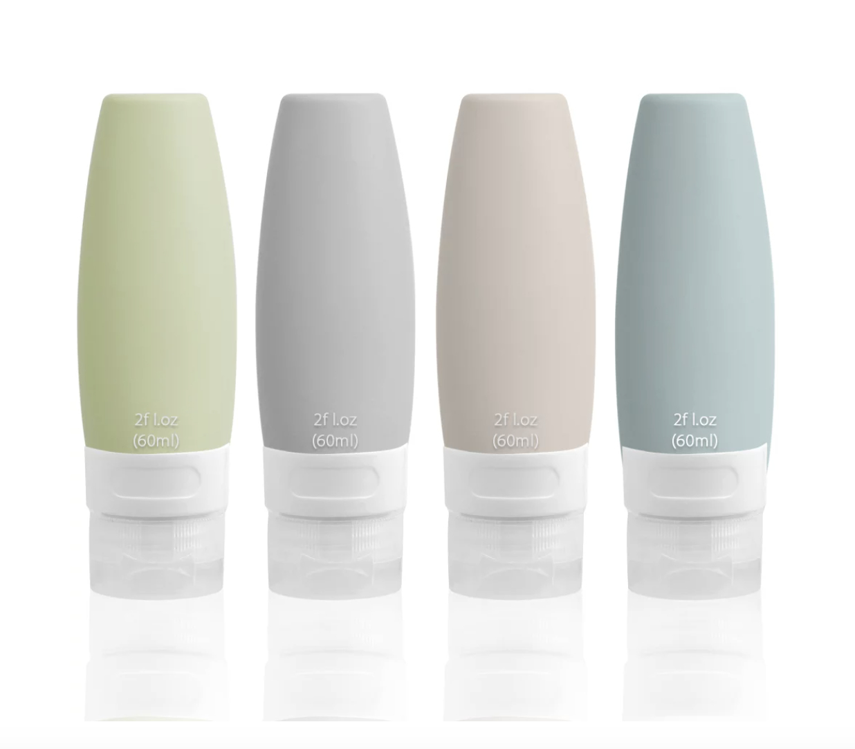 Four travel-sized silicone toiletry bottles in pastel colors, each with a 2 fl oz (60 ml) capacity