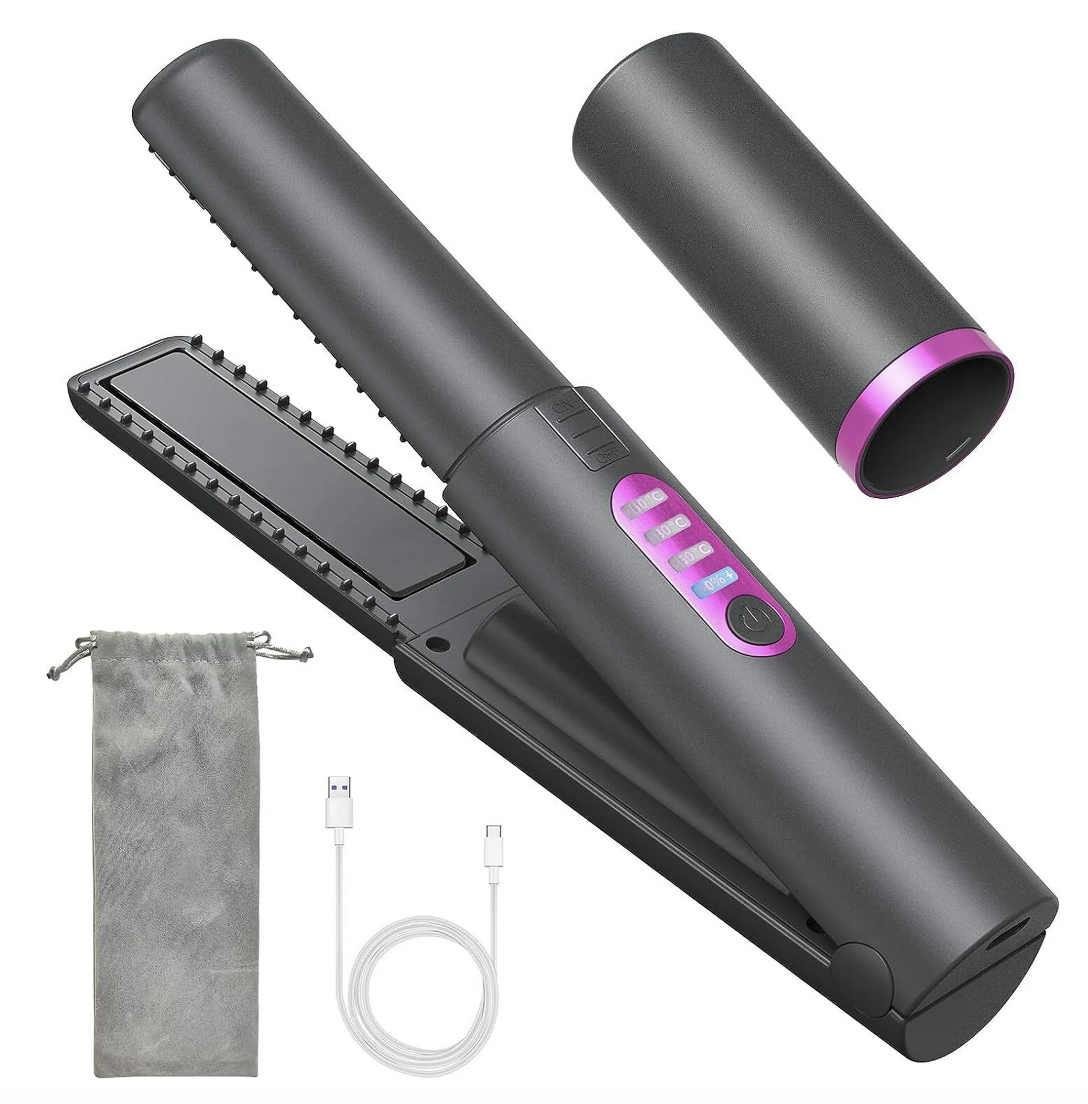 A cordless hair straightener and curler with a USB charging cable, and a storage pouch