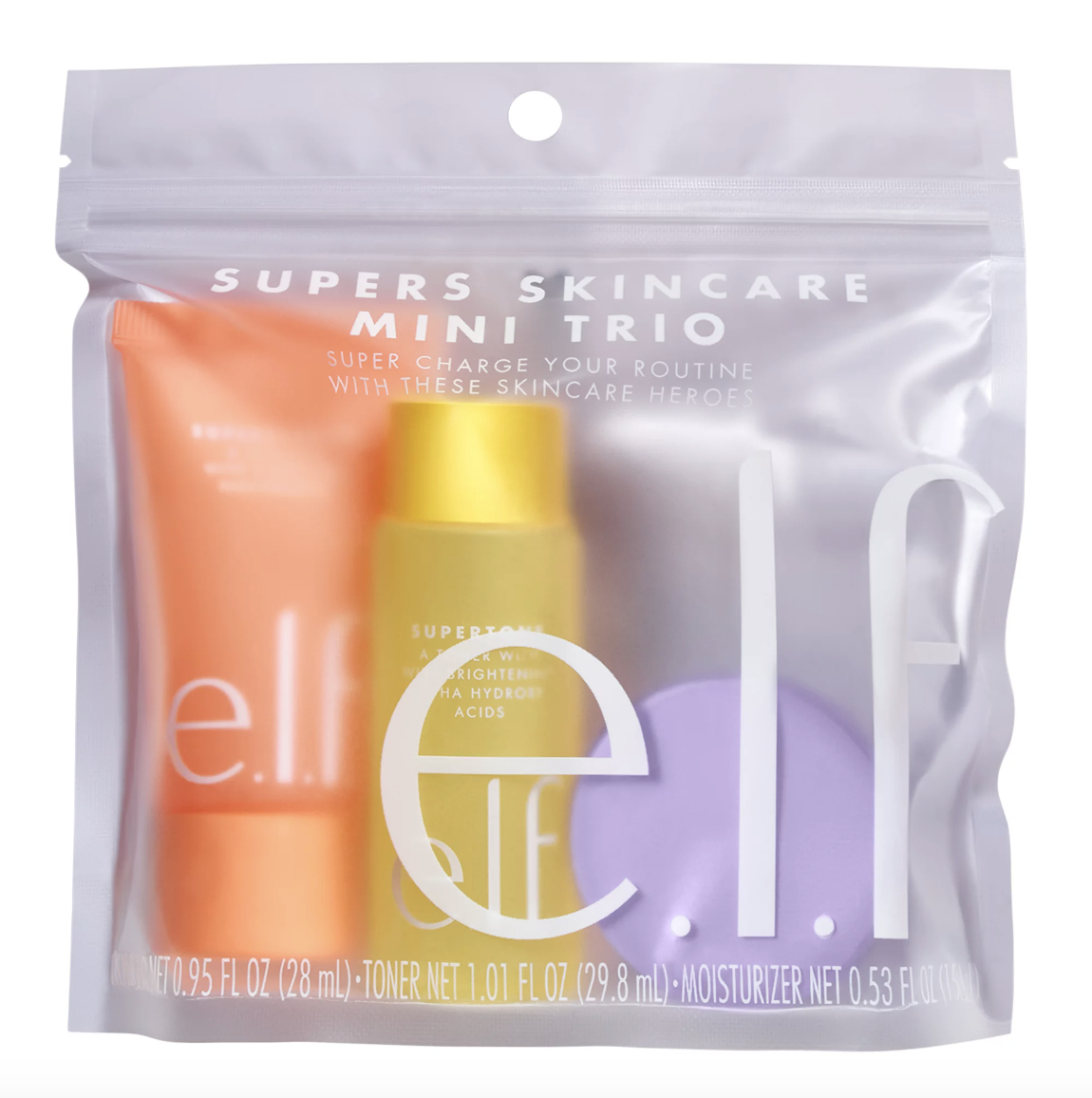 Travel size e.l.f. Supers Skincare Mini Trio kit with toner, moisturizer, and serum in a clear pouch for a skincare routine