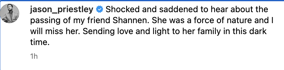 Jason Priestley shares his grief on social media, mourning the loss of his friend Shannen, praising her spirit and sending condolences to her family
