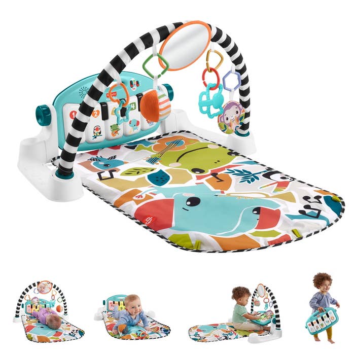 Fisher-Price Deluxe Kick & Play Piano Gym is a colorful baby activity center with a piano, hanging toys, and various interactive elements