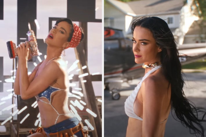 Katy Perry, left: posing playfully in a revealing bejeweled outfit, holding a sparkling microphone. Right: dressed in a white bikini top, standing near an airplane