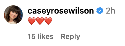 Instagram post by caseyrosewilson with three heart emojis, posted 2 hours ago. The post has 15 likes and 1 reply