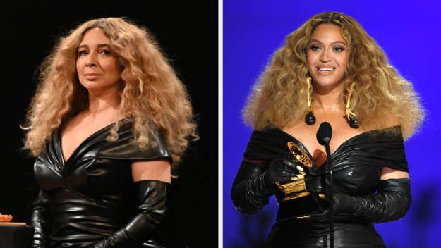 Maya Rudolph and Beyoncé wearing black leather dresses with voluminous hair. Maya is on stage looking serious, while Beyoncé is holding a Grammy and smiling at the audience
