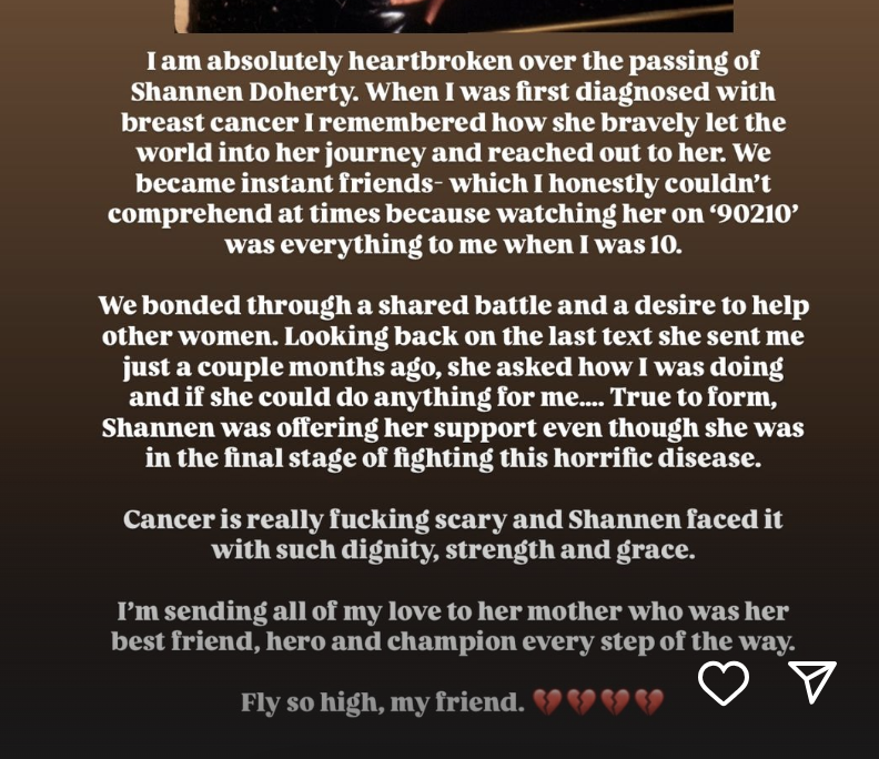 The image is a heartfelt tribute to Shannen Doherty. The author recalls their deep friendship during Doherty's cancer battle, praising her strength and support