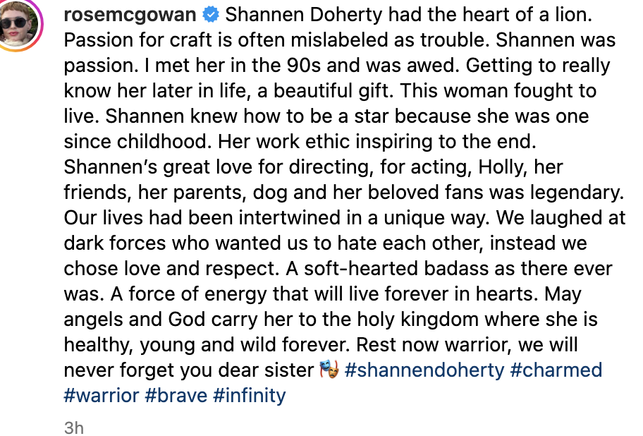 An Instagram post by @rosemcgowan expressing heartfelt condolences for Shannen Doherty, reminiscing their friendship, her passion for craft, and her warrior spirit