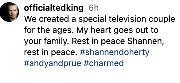 Text from officialtedking: "We created a special television couple for the ages. My heart goes out to your family. Rest in peace Shannen, rest in peace. #shannendoherty #andyandprue #charmed"