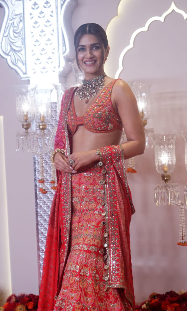 Kriti Sanon wearing an intricately embroidered traditional outfit with a decorated blouse and skirt, accessorized with a statement necklace and earrings, at a formal event