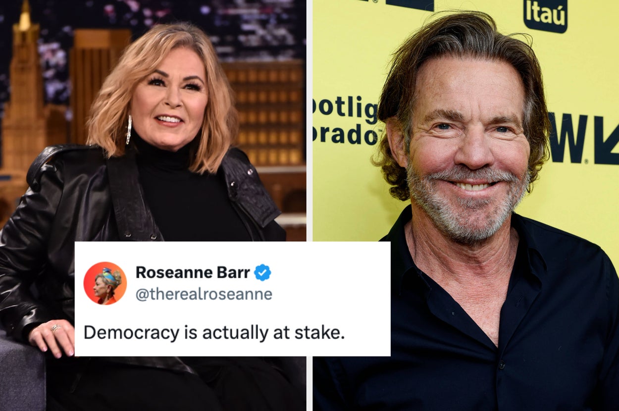 Kelsey Grammer smiling at an event and Kristy Swanson seated, looking at phone with her tweet professing love for President Trump