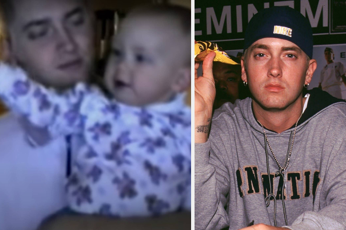 Eminem with his daughter, Hailie Jade. On the left, he holds her as a baby, and on the right, he poses in a Princeton hoodie and a "Duke" cap