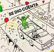 Dibujo de una celebración con un carro desfilando. Un personaje verde está encima del carro emocionado. Un cartel dice "SE DIO CUENTA"