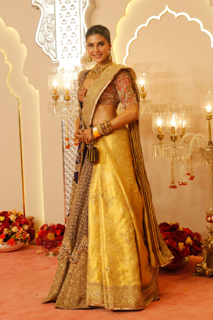 Jacqueline Fernandez poses in an ornate sari with intricate detailing at a formal event