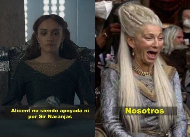 Imagen dividida en dos partes: a la izquierda, Alicent de "House of the Dragon" con texto "Alicent no siendo apoyada ni por Sir Naranjas". A la derecha, una mujer mayor riéndose con el texto "Nosotros"