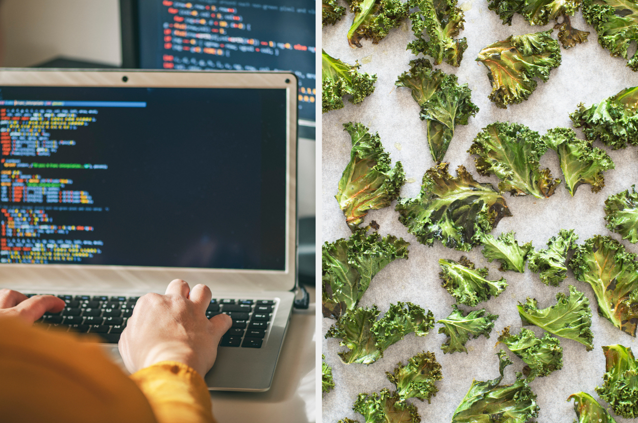 Left: Hands typing on a laptop displaying code. Right: Baked kale chips spread on a baking sheet