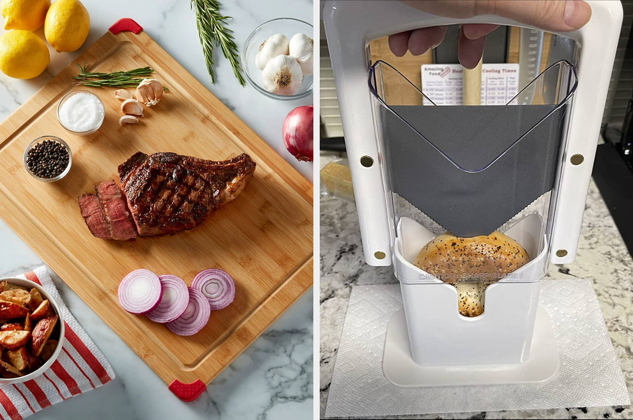 A cutting board with a grilled steak, onions, garlic, and spices on the left. A bagel guillotine on the right